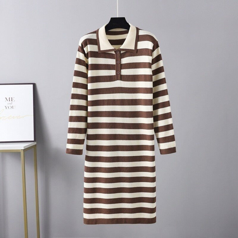 Casual Loose Stripe Knitted Warm Sweater Dress For Women