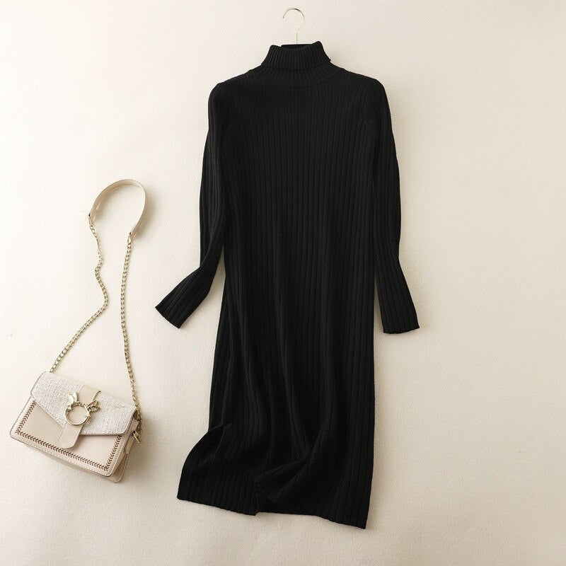 Turtleneck Long Knitted Sweater Dress For Women Black One Size