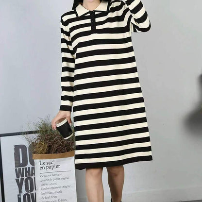 Casual Loose Stripe Knitted Warm Sweater Dress For Women