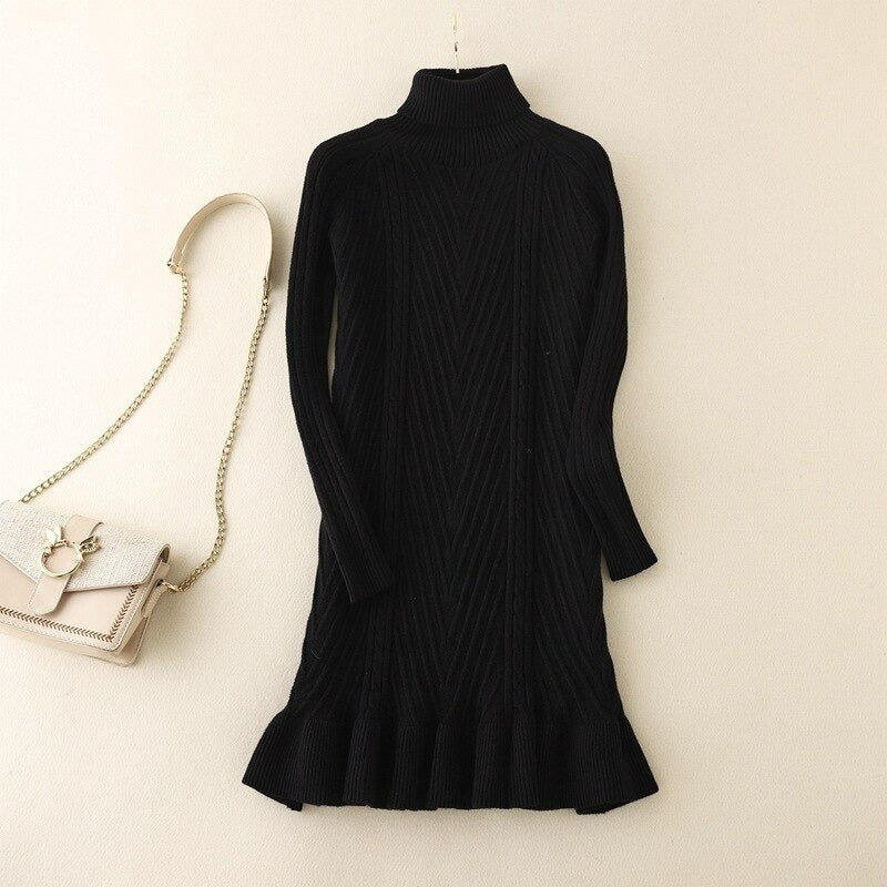 Women's Ruffled Fishtail Sweater Dress Black