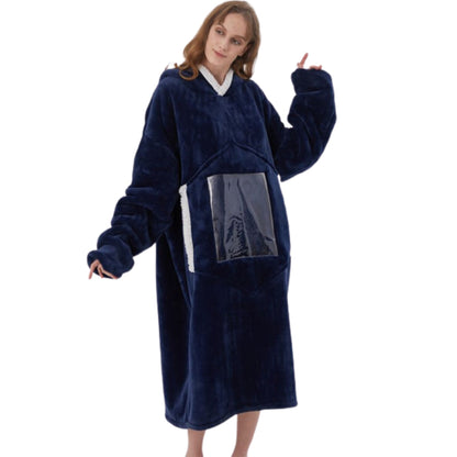 Women Winter Oversized Sherpa Fleece Loose Long Hoodie Blue One Size