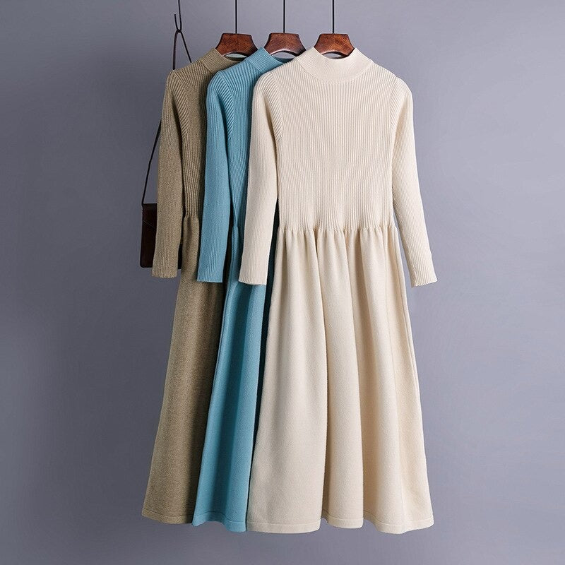 Thick Warm Long Midi A-Line Knitted Sweater Dress