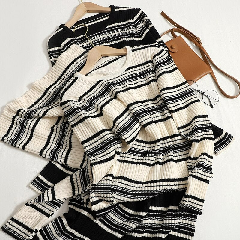 Slim Fit Striped Sweater Tops For Women