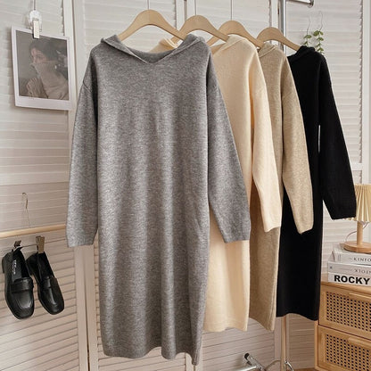 Warm Soft Hooded Long-Sleeve Knitted Sweater Dress For Women