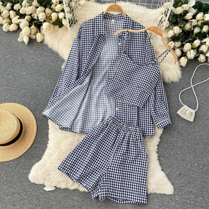 Three Pieces Shirt With Suspender Top And Short For Women