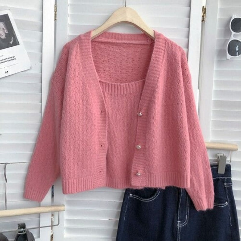 Long-Sleeved Knitted Cardigan With One-Piece Pink One Size