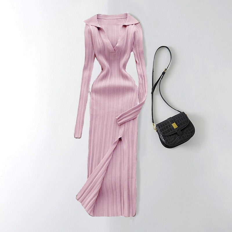 Slit Slim Knitted Square Neck Sheath Sweater Dress One Size Light Pink