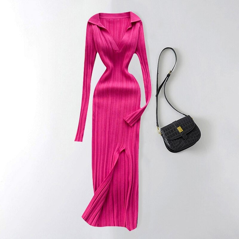 Slit Slim Knitted Square Neck Sheath Sweater Dress One Size Rose Red