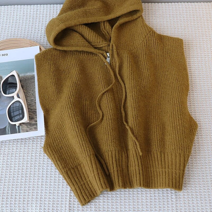 Hooded Loose Zipper Knit Sweater Vest