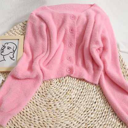 Soft Mohair Solid Short Cardigans For Women Pink