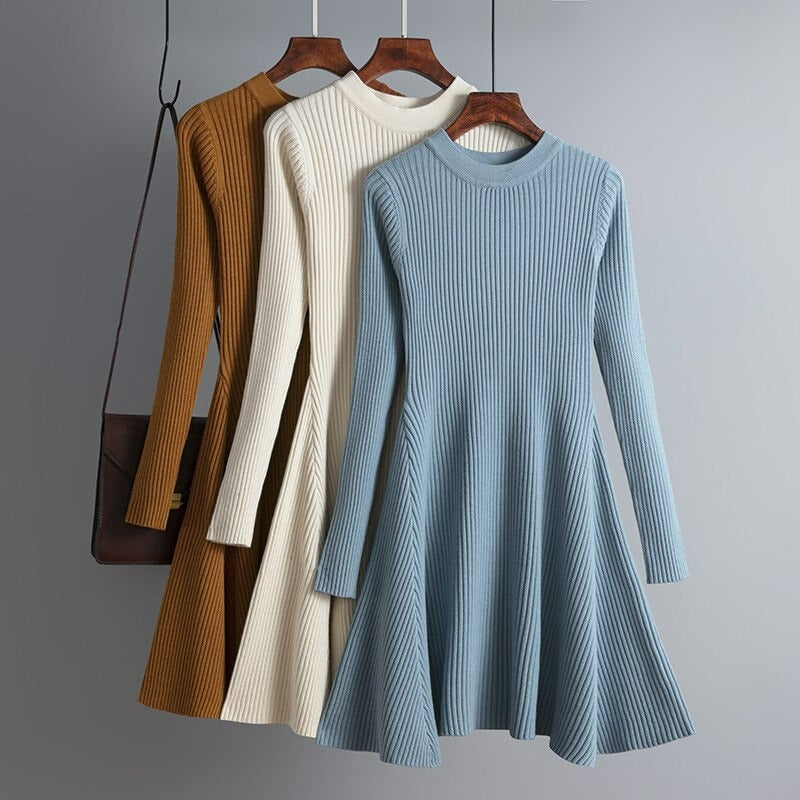 Women's Solid Color Knitted Sweater Dress