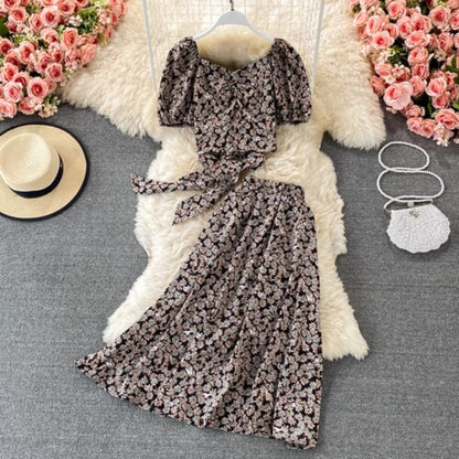 Floral Puff Sleeved Two Piece Skirt Set