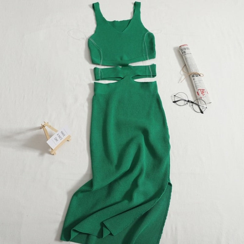 Waist Cutout Knitted Dress For Women Green One Size