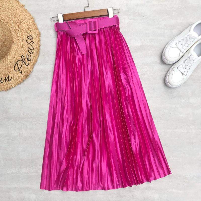 Solid Satin Pleated Skirt For Women