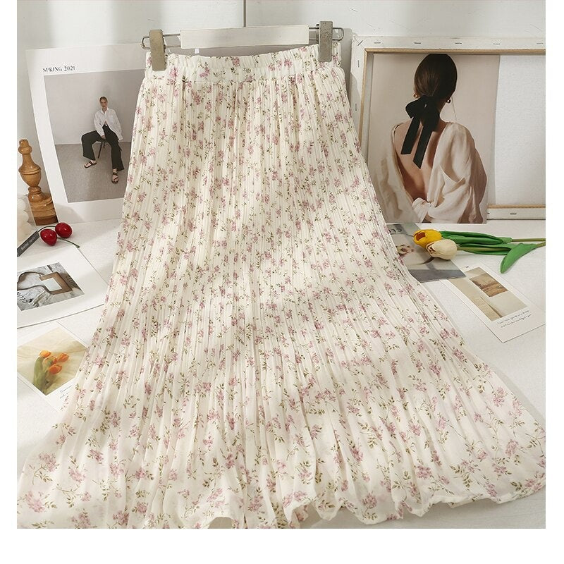 Korean Floral Printed Midi Pleated Skirt
