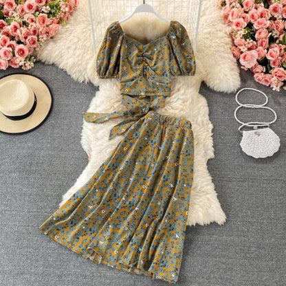 Floral Puff Sleeved Two Piece Skirt Set