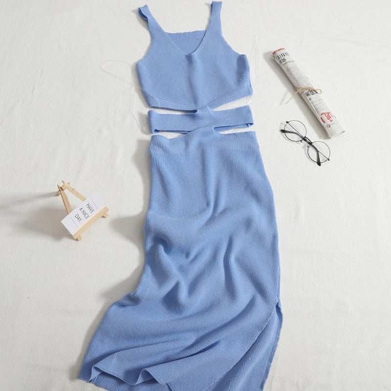 Waist Cutout Knitted Dress For Women Blue One Size