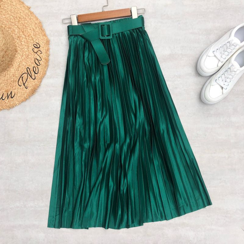 Colorful Solid Satin Pleated Skirt For Women
