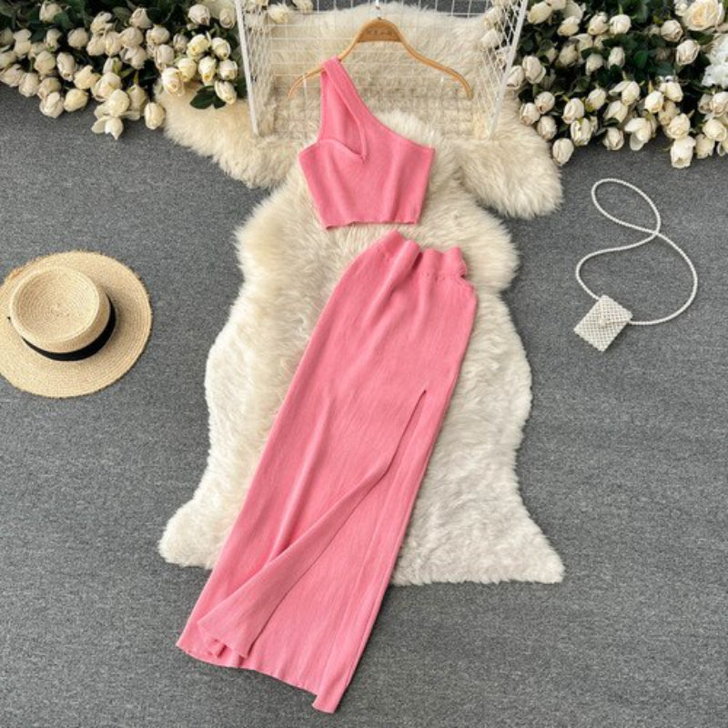 2 Pieces Retro Suspender Knitted Skirt Set Light Pink One Size