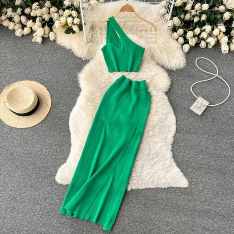 2 Pieces Retro Suspender Knitted Skirt Set Green One Size