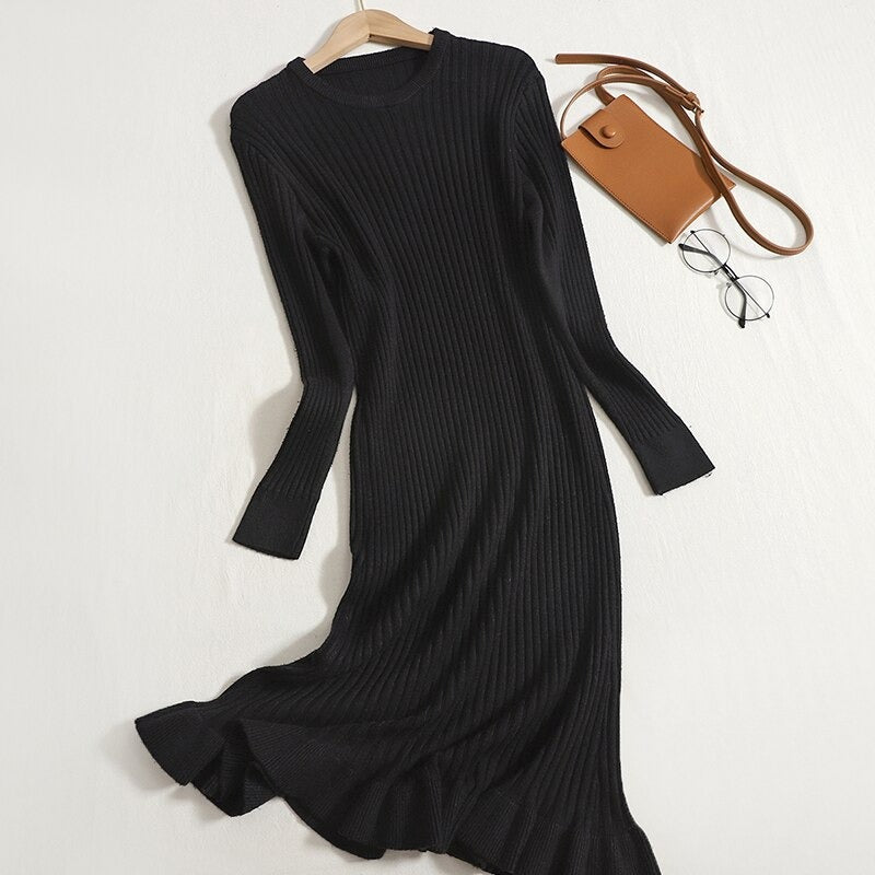 Long Sleeve A-line Knit Sweater Dress For Women Black One Size