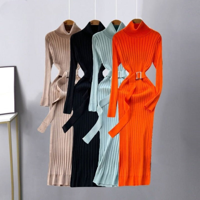 Knitted Waist Slimming Long Bodycon Dress With Belt