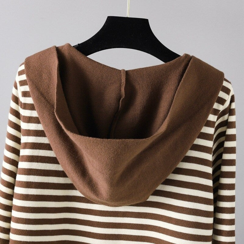 Women's Hooded Loose Striped Sweater Dresses With Shawl